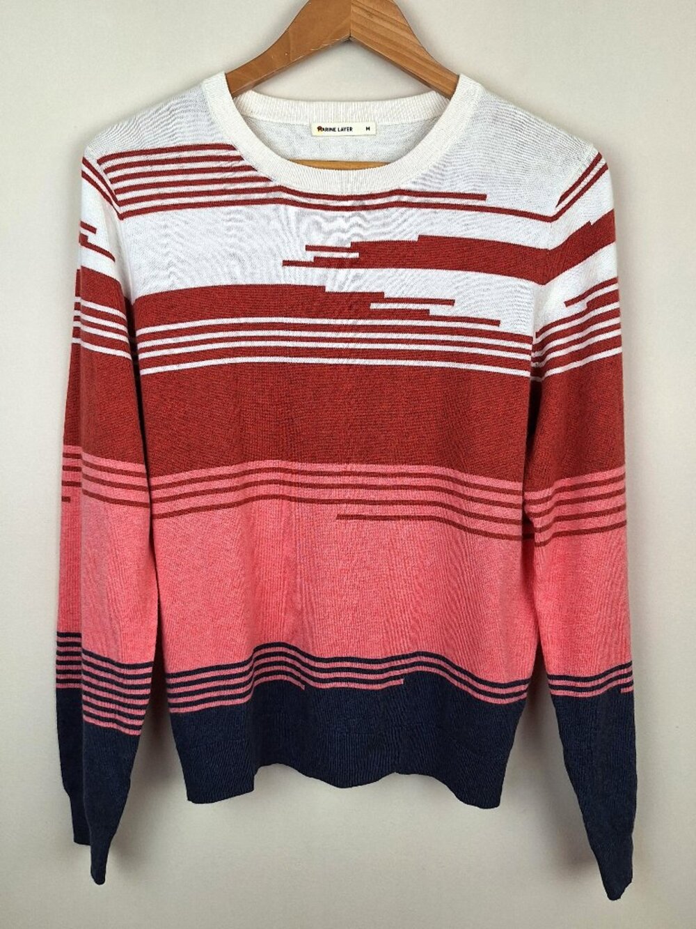Marine Layer Striped Icon Crewneck Sweater Size M. Terracota Gray Sunset Pattern